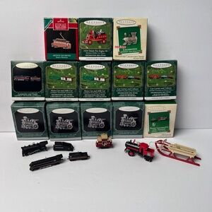 18 Hallmark Keepsake Miniature Ornaments Trains Fire Truck Sled Series